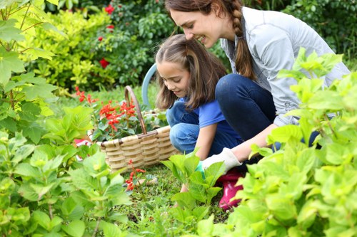 Gardening team by hedge with safety gear and insurance paperwork